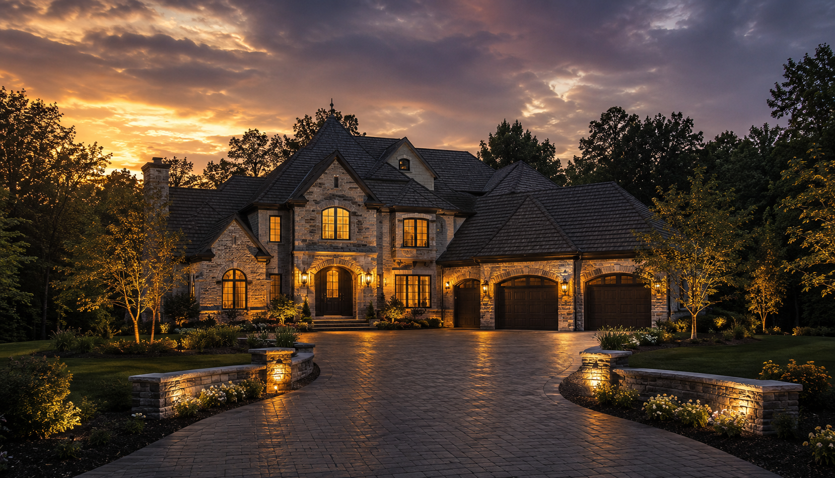 Stone luxury home glowing at sunset with a paver driveway