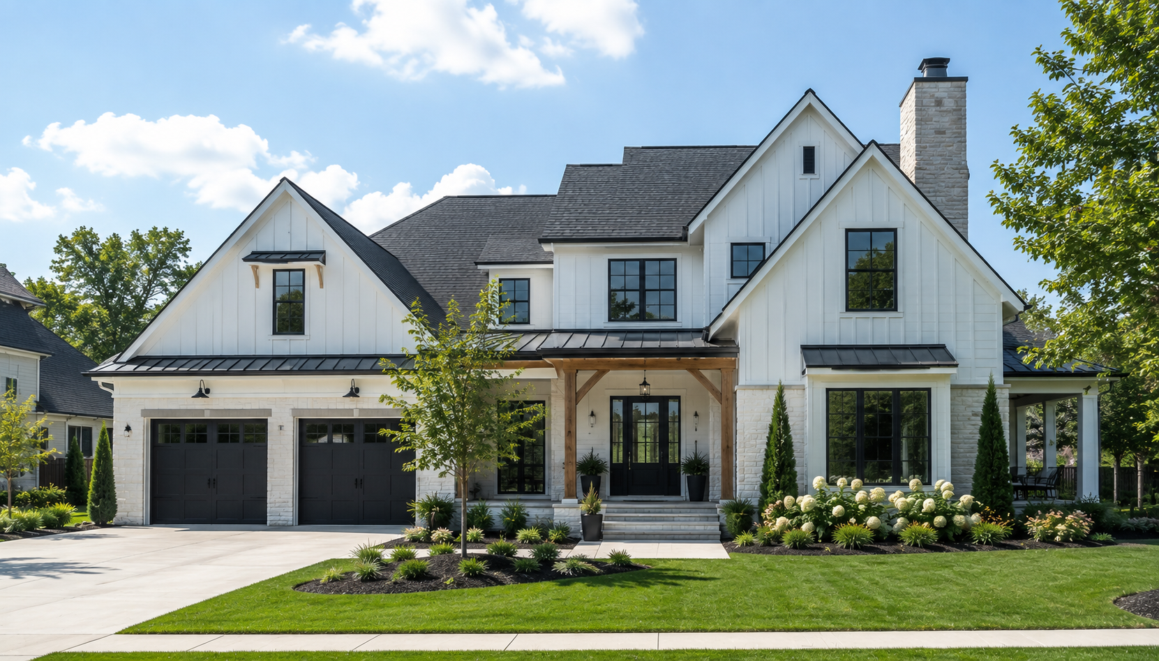 Modern white farmhouse with black windows and hydrangea beds on a sunny day