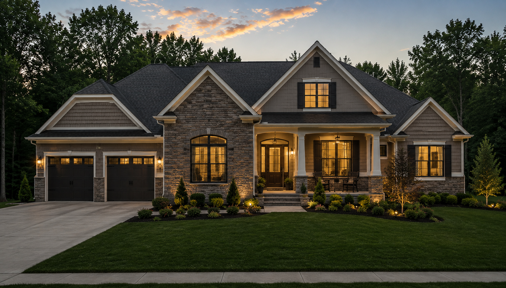 Craftsman stone and shake ranch home at dusk