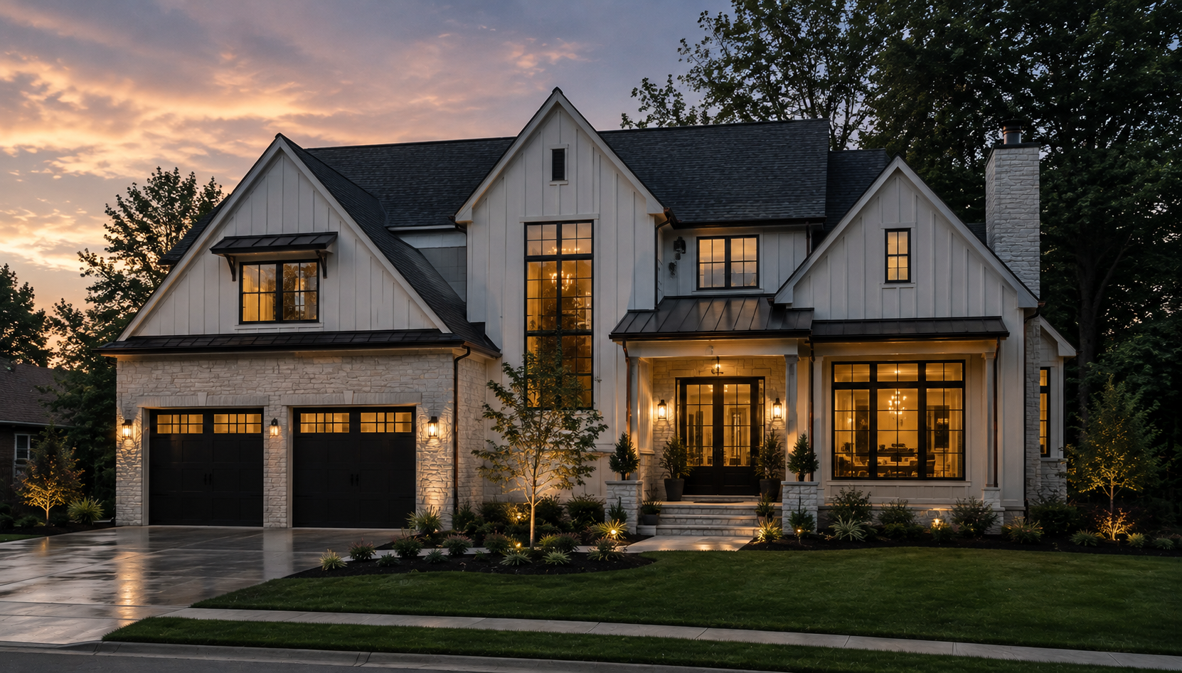 White modern farmhouse with black windows at sunset