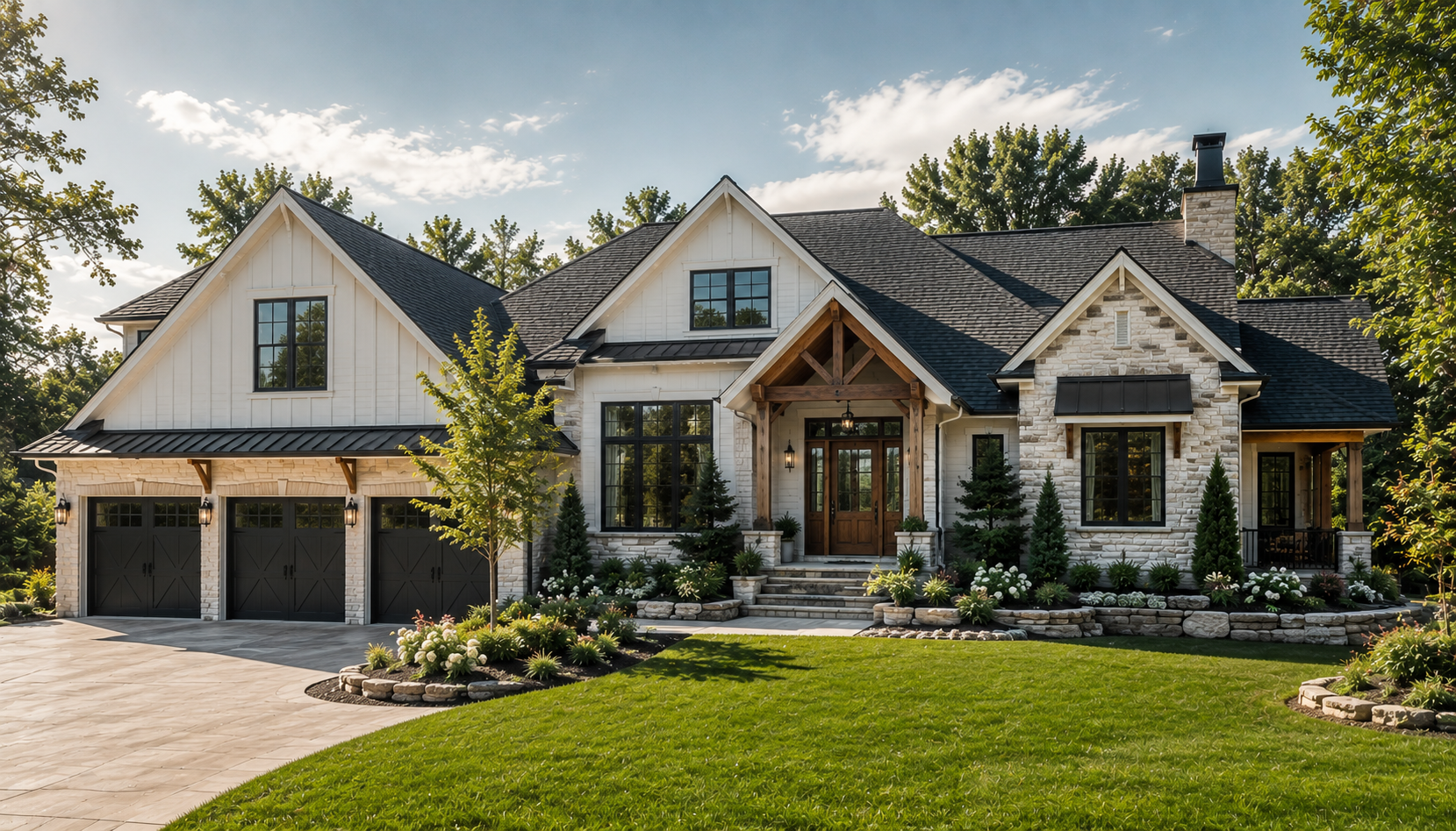 White board-and-batten and stone home with three-car garage and manicured lawn