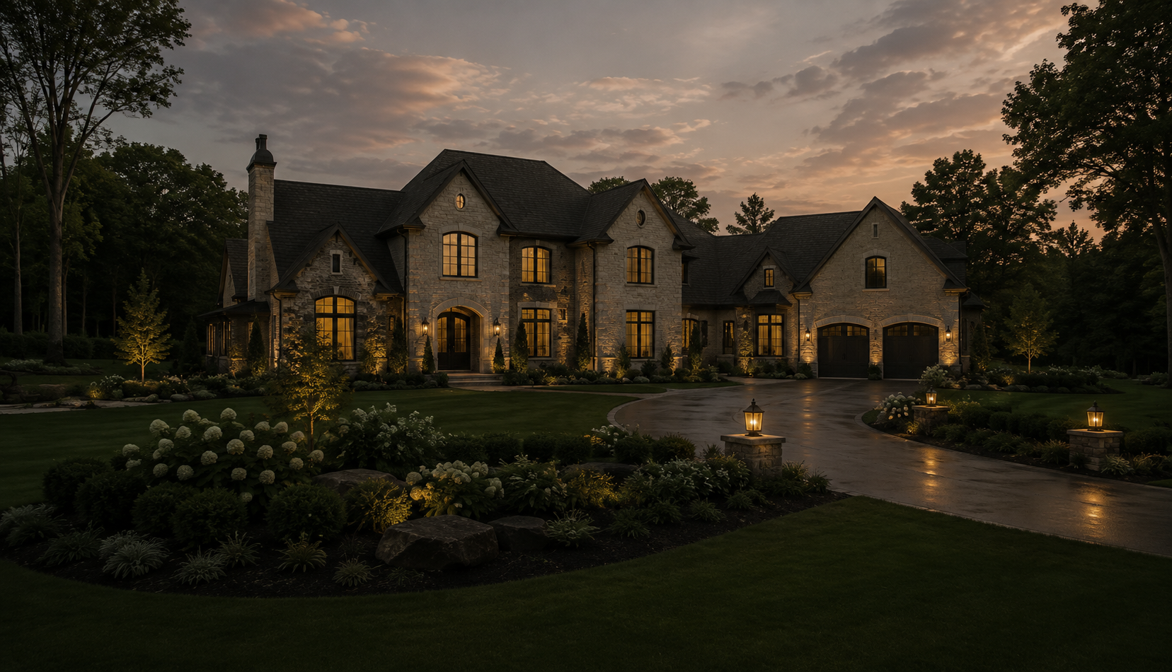 Stone estate at dusk with lit landscaping and circular drive