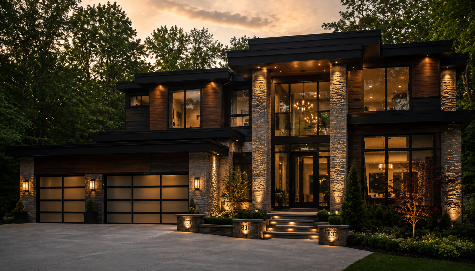 Modern stone and wood home lit from within at twilight